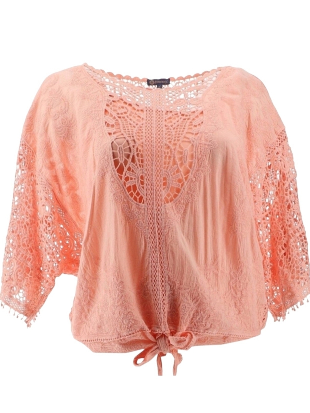 Democracy Crochet Floral Boho Peasant Summer Salmon Pink Top Sz XS (Oversized)